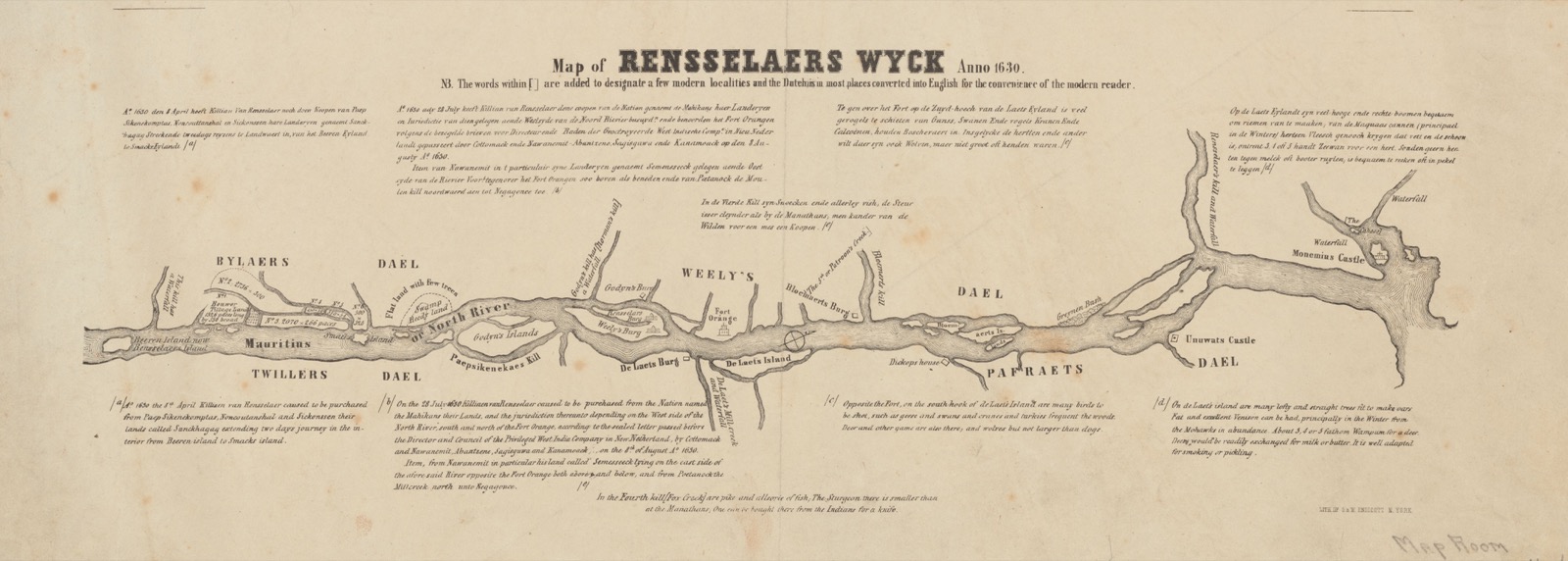 Engraved map of Rensselaerswyck in 1630, showing farms along both banks of the Hudson around Fort Orange