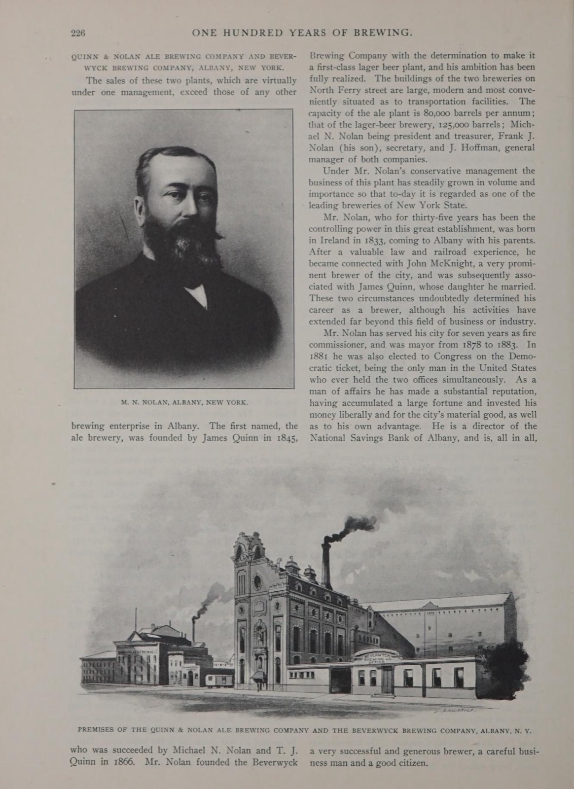 Engraving of the Quinn and Nolan and Beverwyck brewery buildings on North Ferry Street, with an oval portrait of Michael N. Nolan