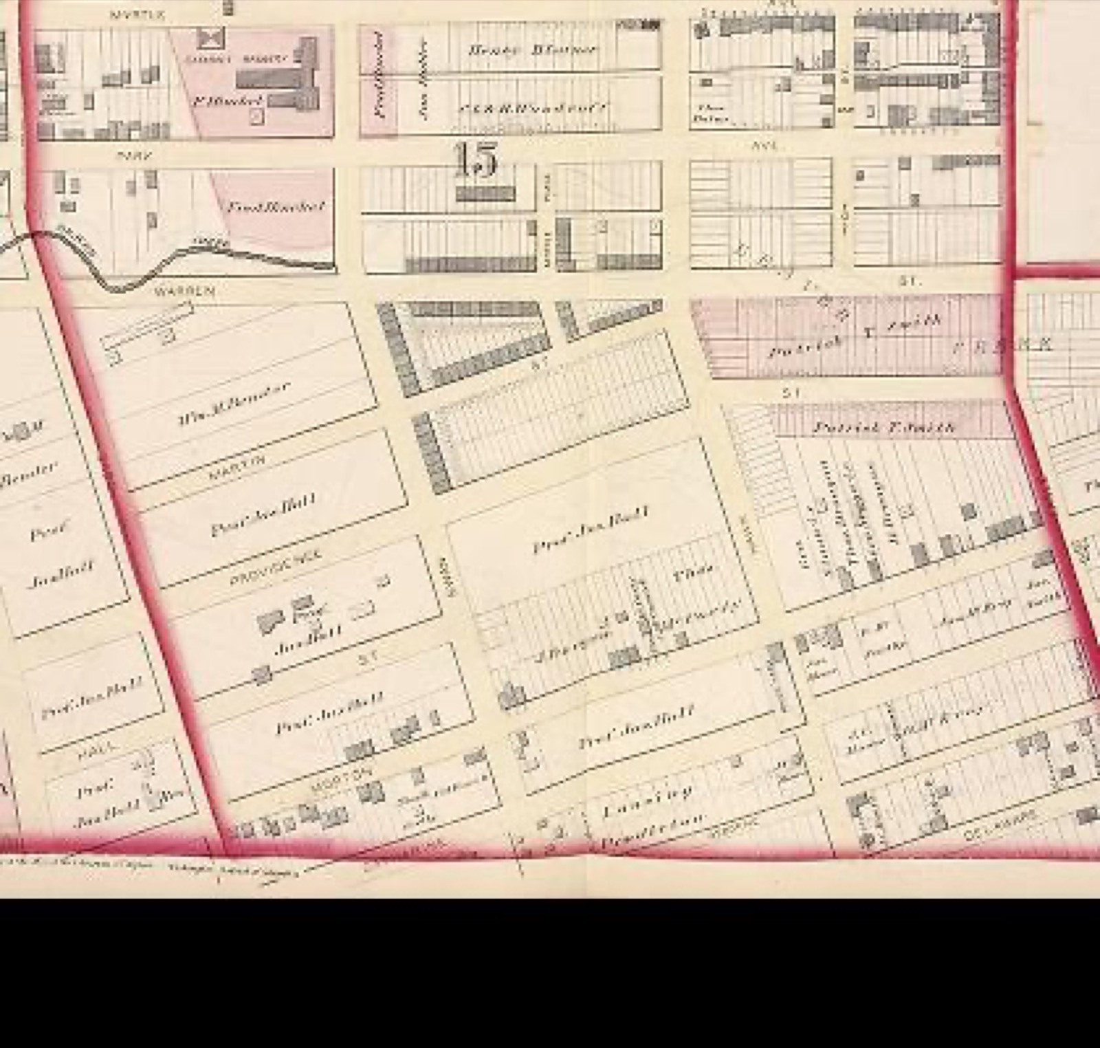 Detail of an 1876 city atlas map showing the open ravine of the Beaver Kill and the blocks around Park Avenue and Swan Street