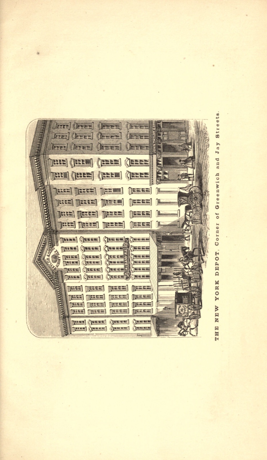 Engraving of a tall six-story commercial building on a New York street corner with horse-drawn wagons outside