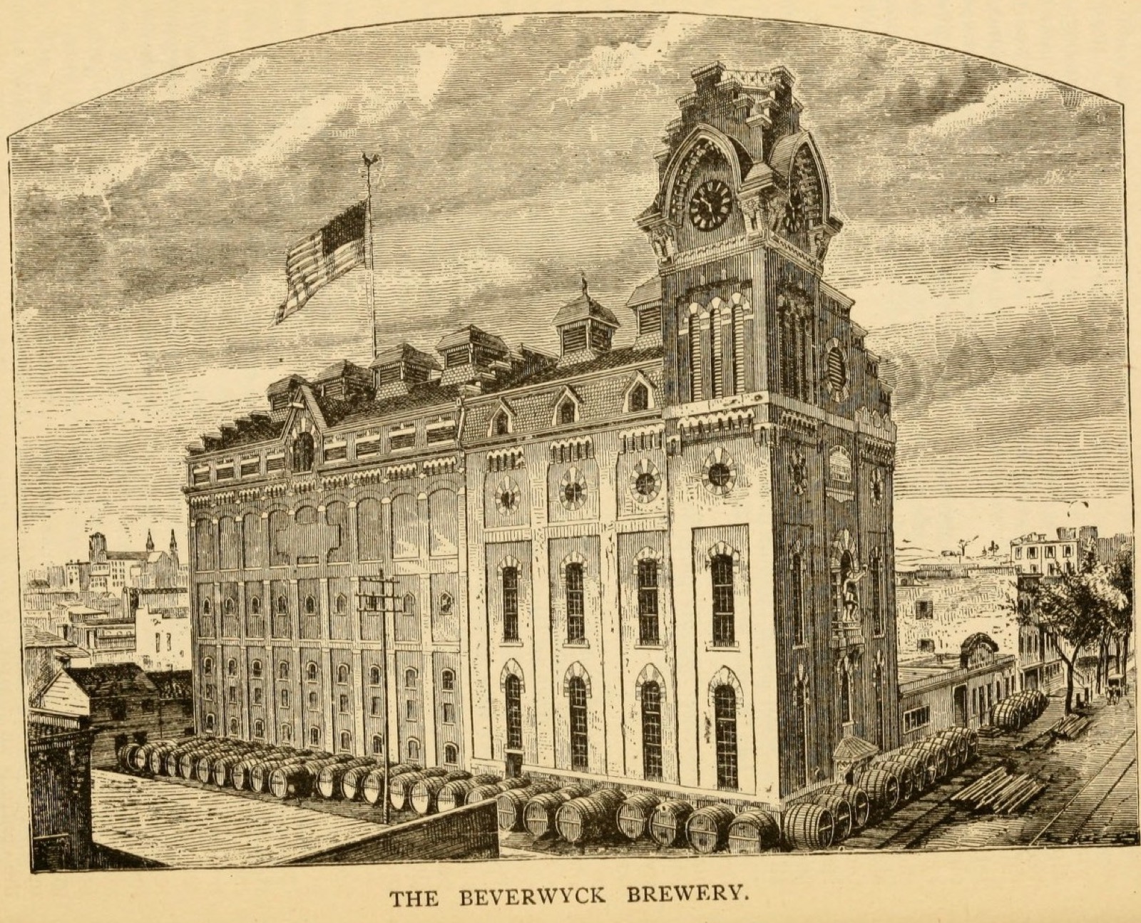 Lithograph of the Beverwyck Brewery, a large ornate building with a tall tower and a statue over the entrance