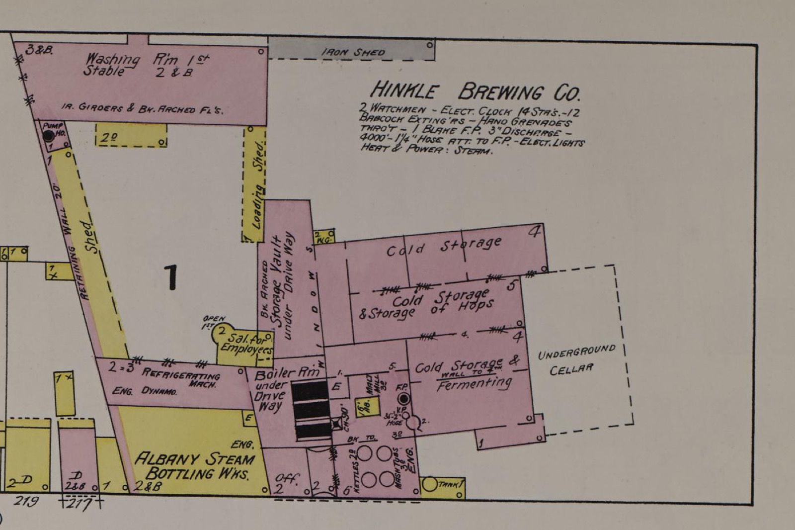 Detail of a colored fire-insurance map showing the Hinkle Brewing Co. buildings on Park Avenue with labels for cold storage and refrigerating machine
