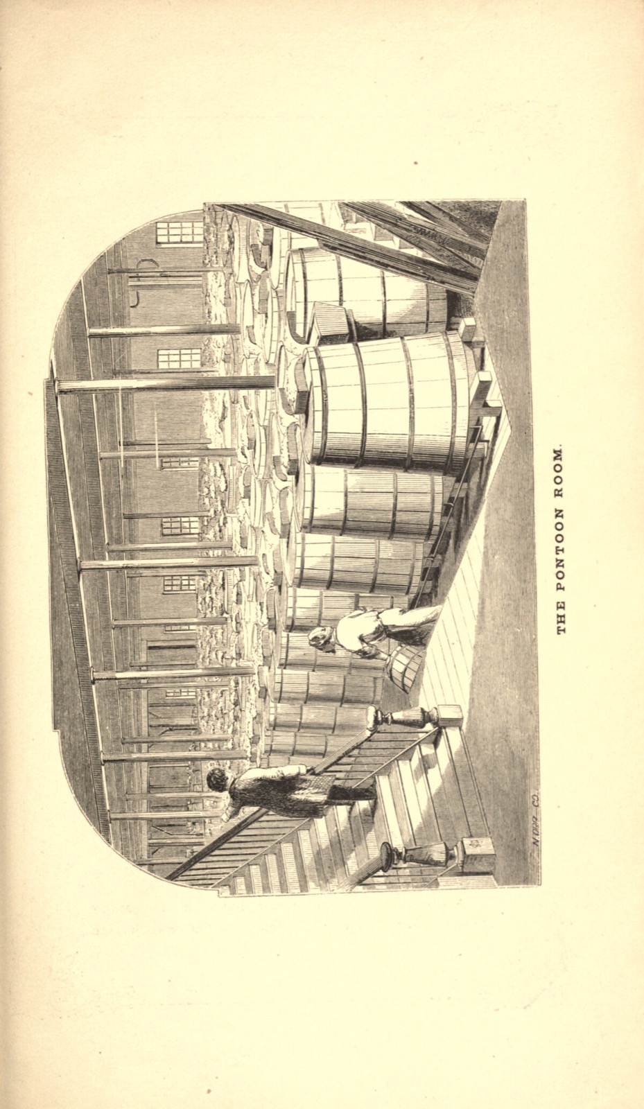Engraving of a long hall lined with rows of wooden fermenting vessels and troughs