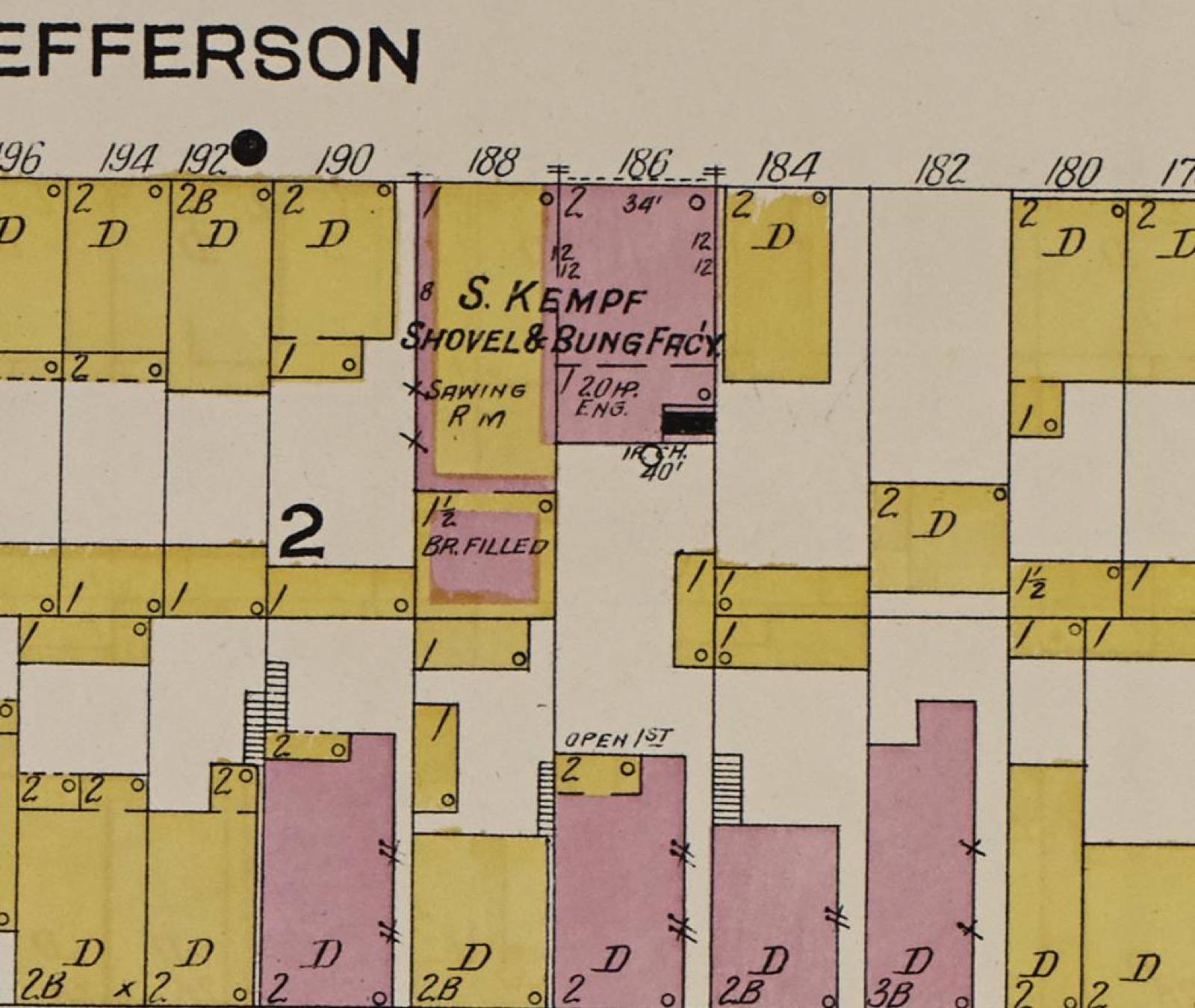 Detail of a 1909 fire-insurance map showing the S. Kempf Shovel and Bung Factory at 186–188 Jefferson Street