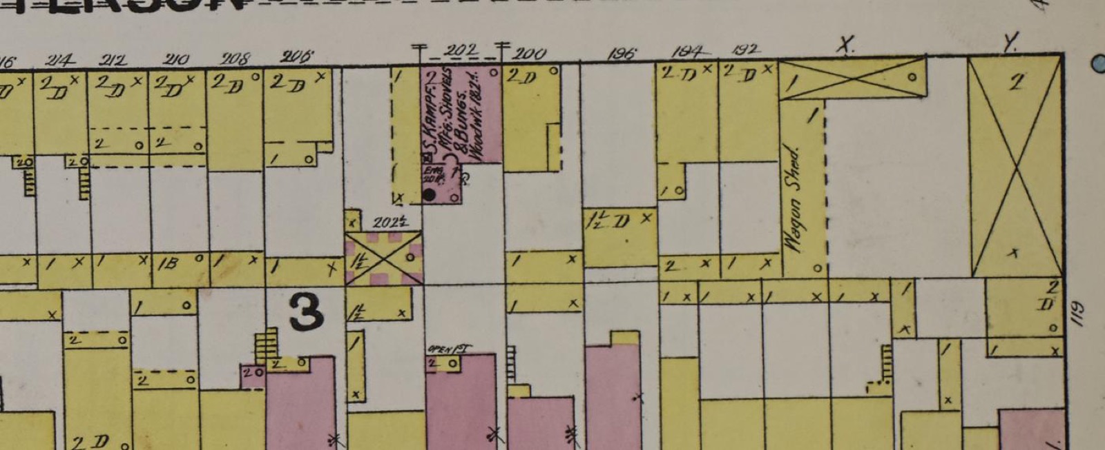 Detail of a fire-insurance map showing a small building on Jefferson Street labeled S. Kampf Mfg. Shovels and Bungs
