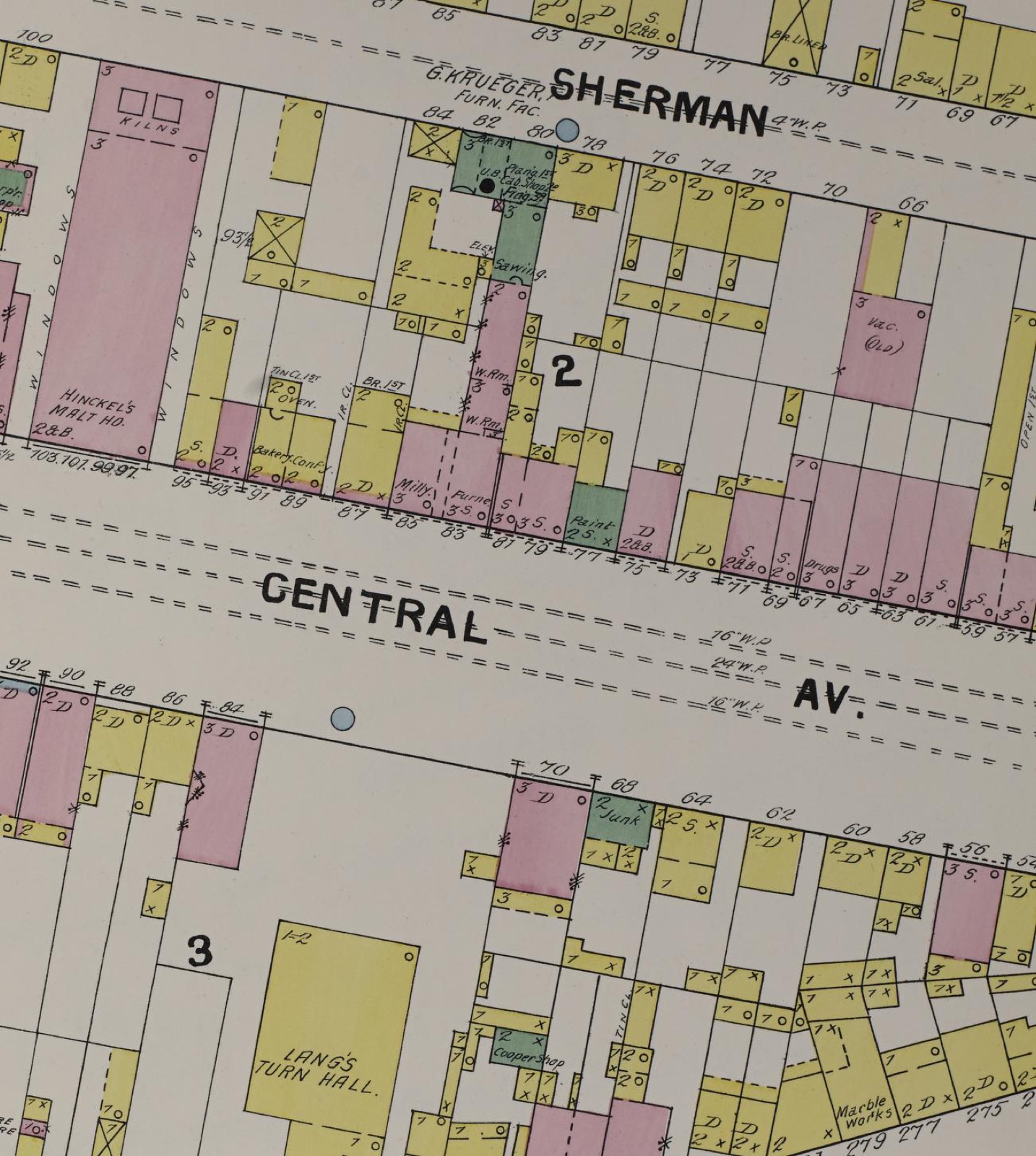 Colored fire insurance map detail showing Hinckel's malt house on Central Avenue and Lang's Turn Hall behind it