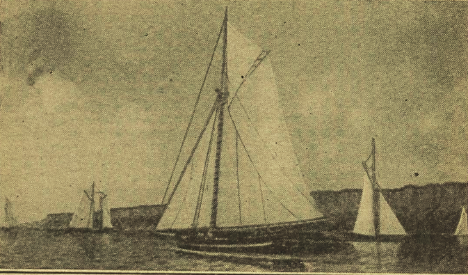 Old illustration of single-masted sailing sloops on the Hudson River