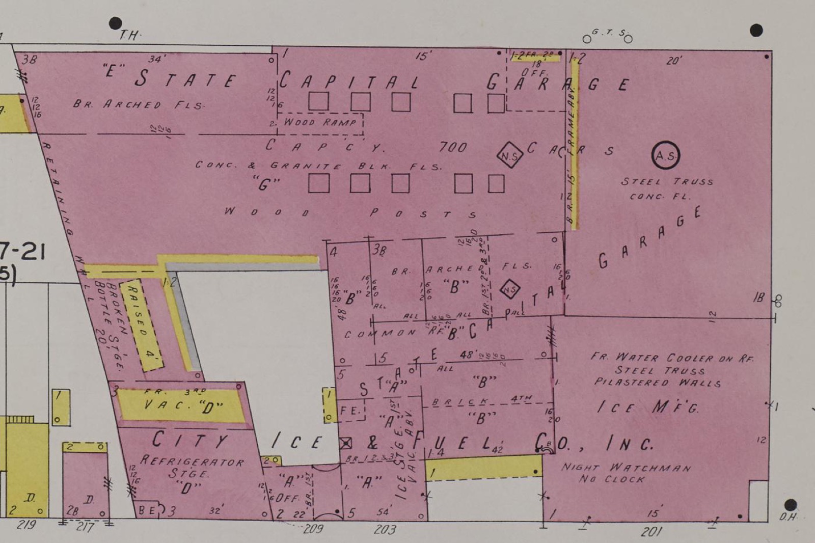 1934 fire insurance map of the same block: State Capital Garage for 700 cars and City Ice and Fuel Company ice manufacturing at 201 to 209 Park Avenue