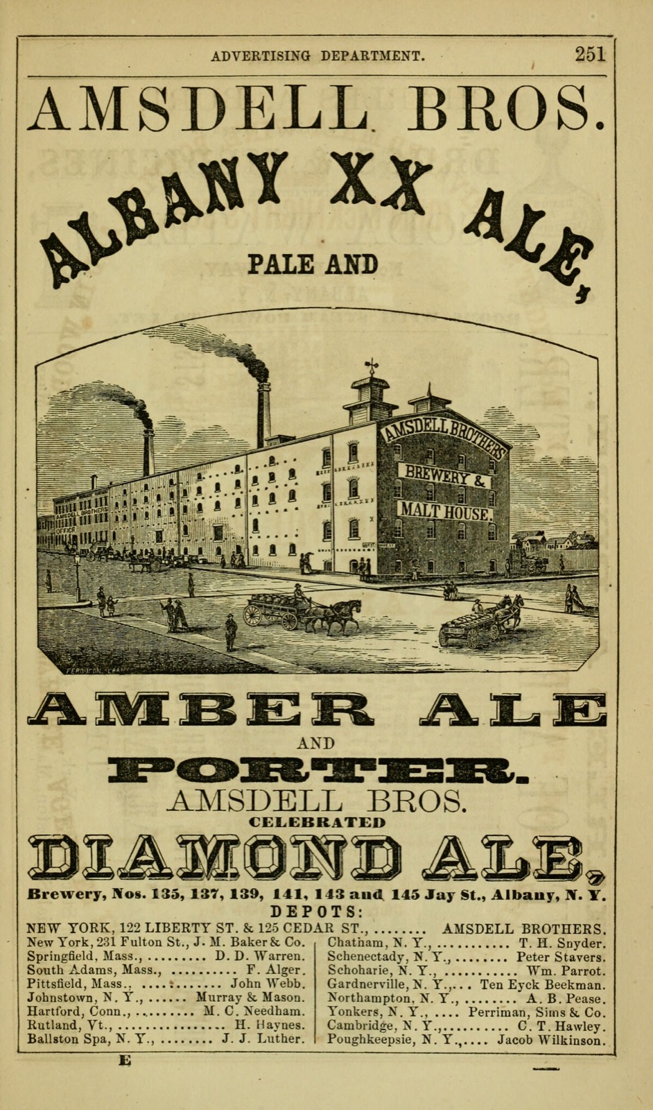 Directory advertisement for Amsdell Bros. Albany XX Ale with an engraving of their brewery and a list of depots and agents