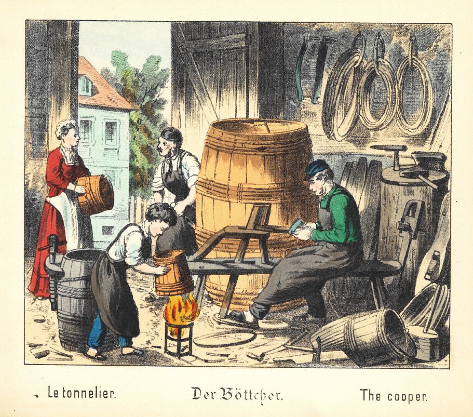 A cooper in an apron working on a wooden cask with a hammer