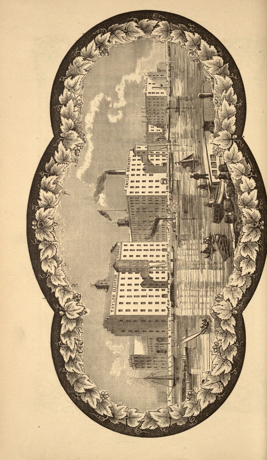 Engraving of the many-storied Taylor brewery and grain elevator on the Albany riverfront, with steamboats and barges, framed in an oval of vine leaves