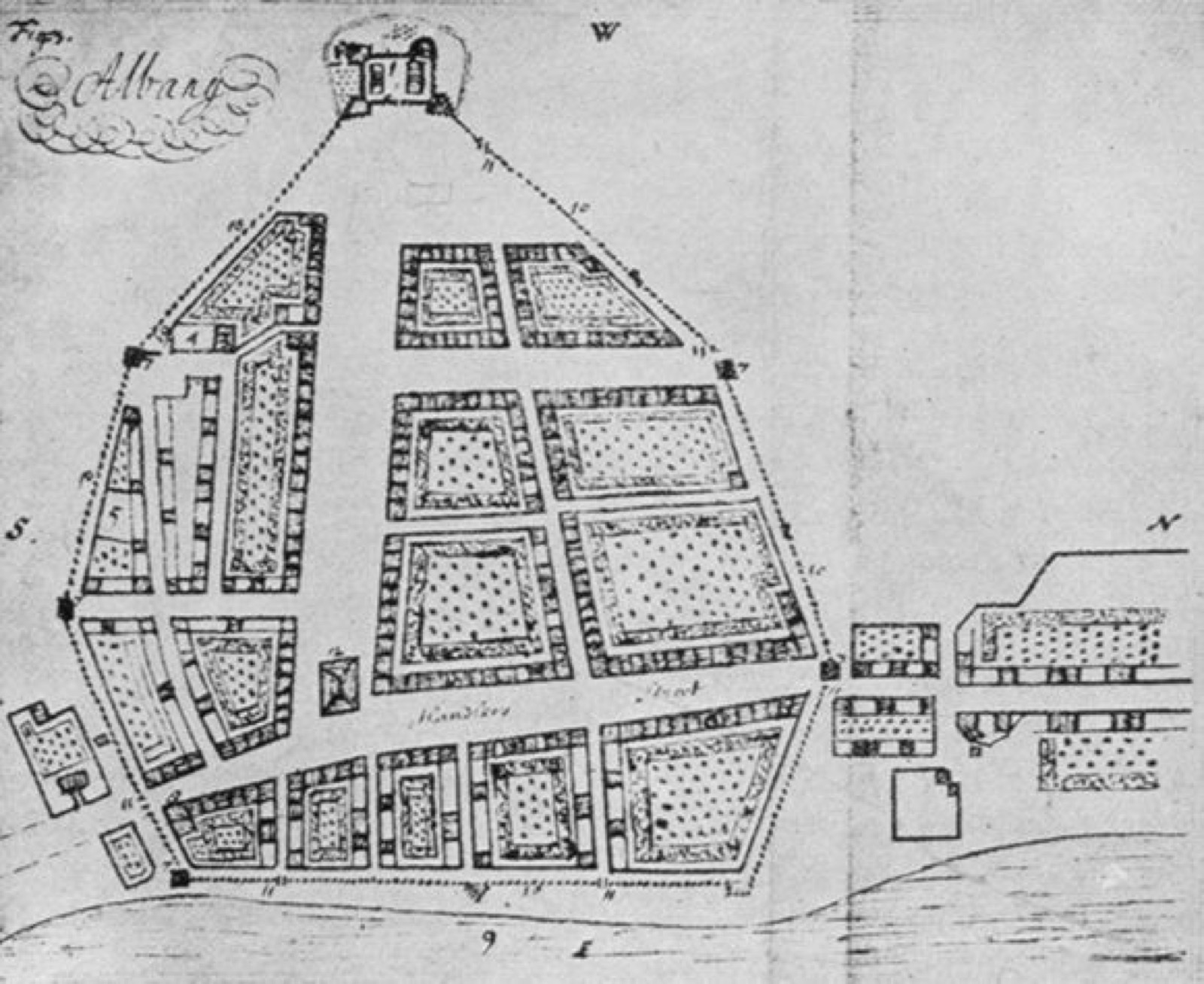 Hand-drawn 1695 plan of Albany showing the stockade, the fort and the streets