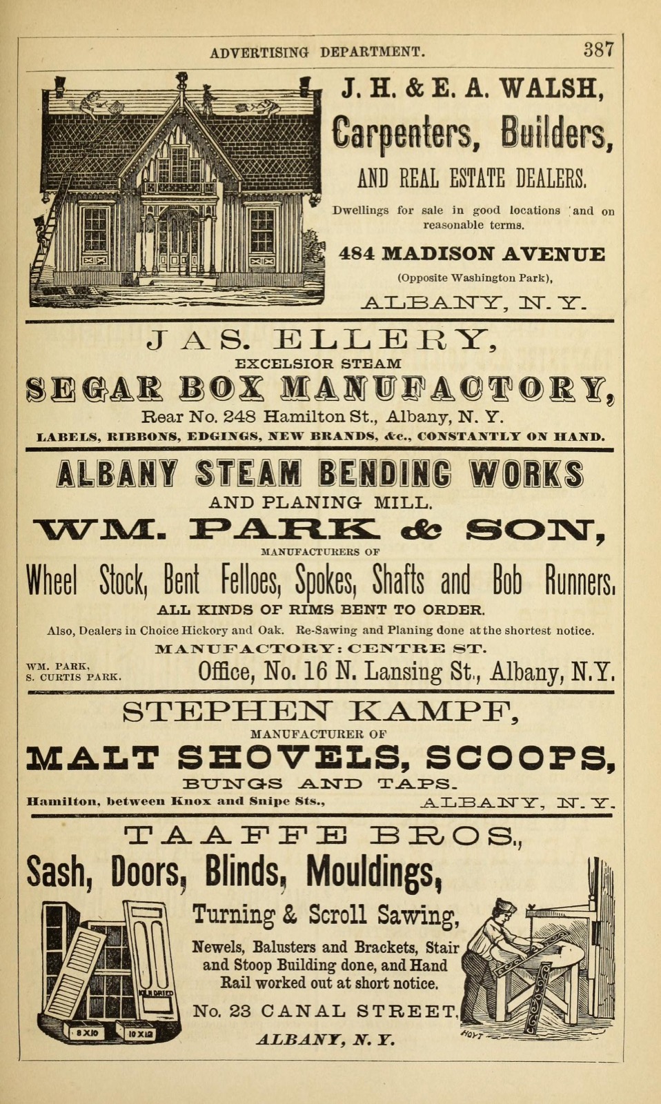 Page of 1876 advertisements including one reading Stephen Kampf, manufacturer of malt shovels, scoops, bungs and taps, Hamilton between Knox and Snipe Sts., Albany
