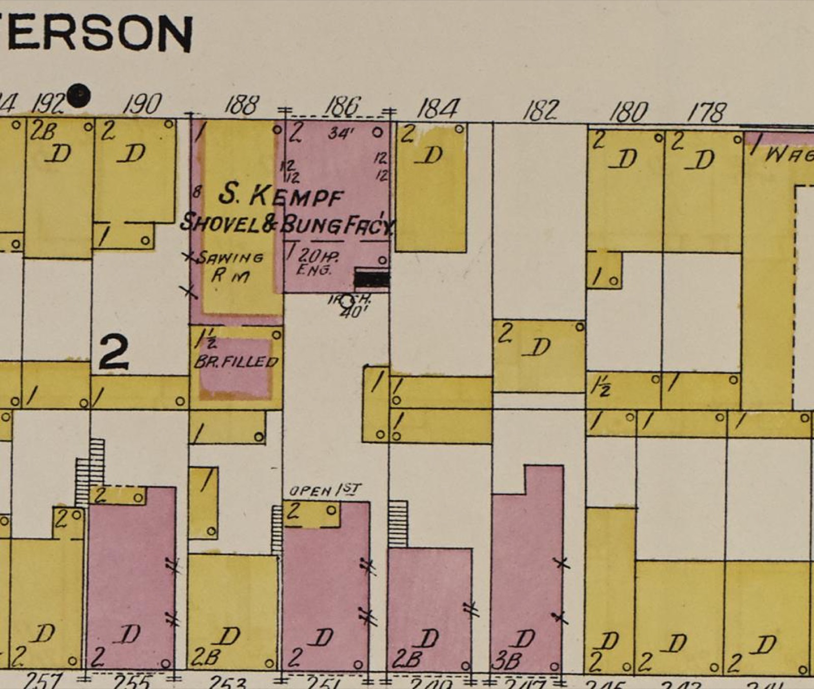 1909 fire insurance map showing S. Kempf Shovel and Bung Factory at 186 Jefferson with a 20 horsepower engine and a sawing room at 188