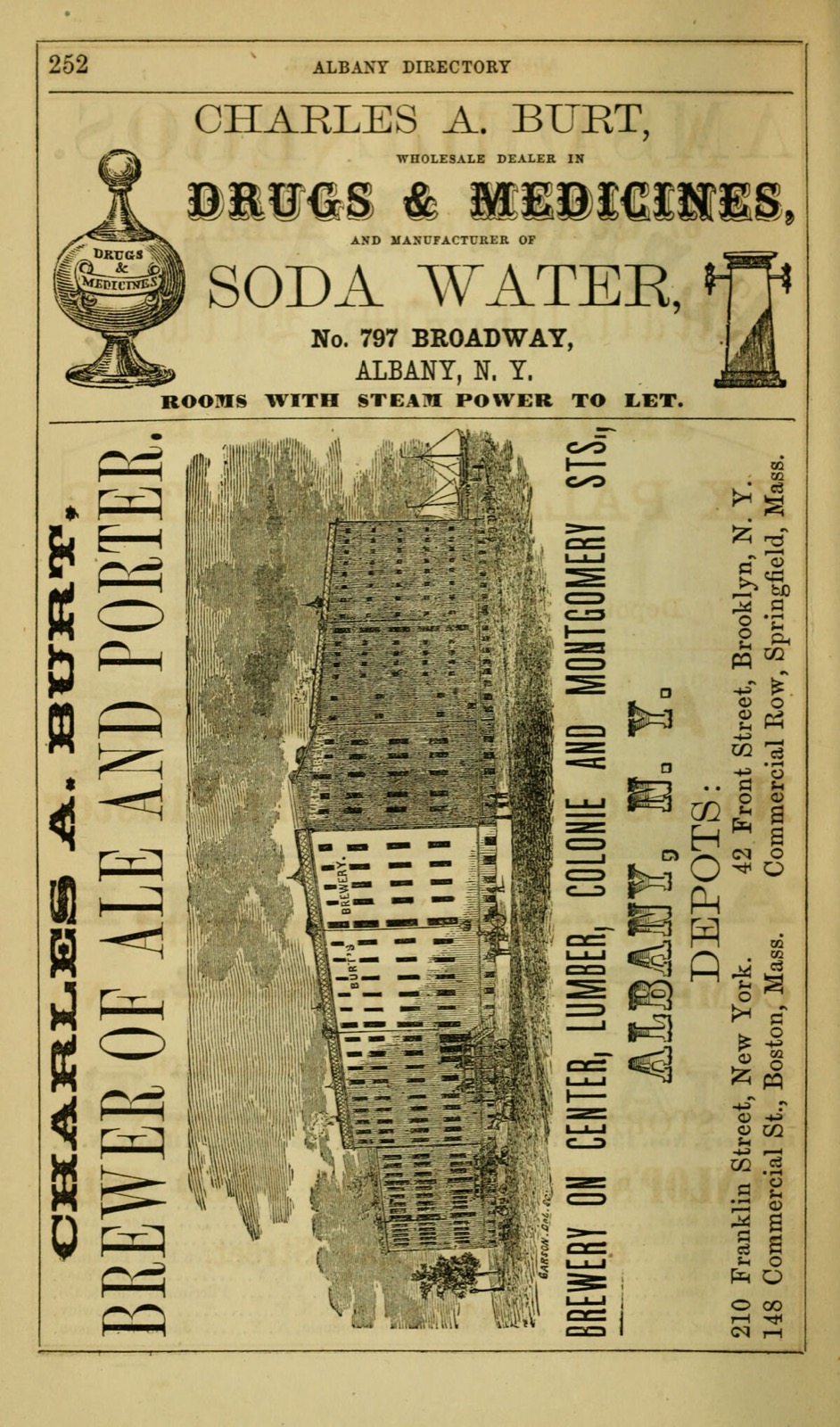 Directory advertisement with an engraving of a large brick brewery and the words Charles A. Burt, Brewer of Ale and Porter