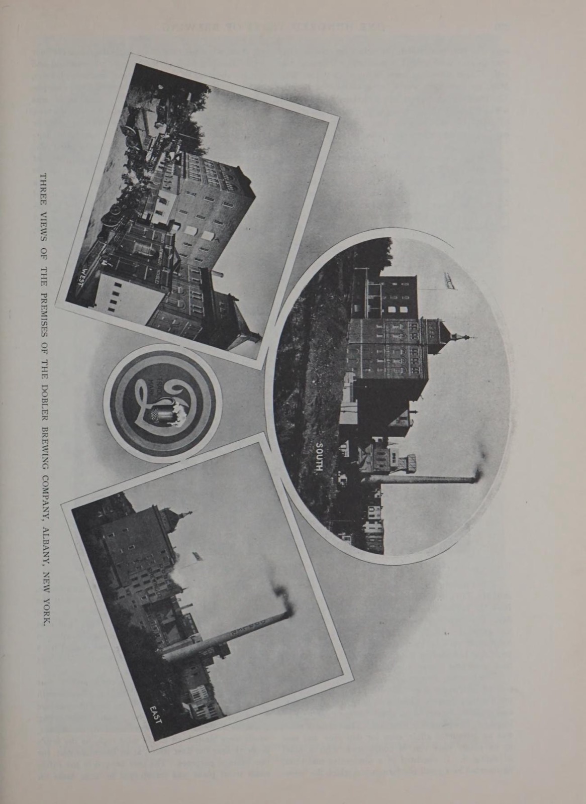 Three engraved views of the Dobler Brewing Company's multi-story brick plant