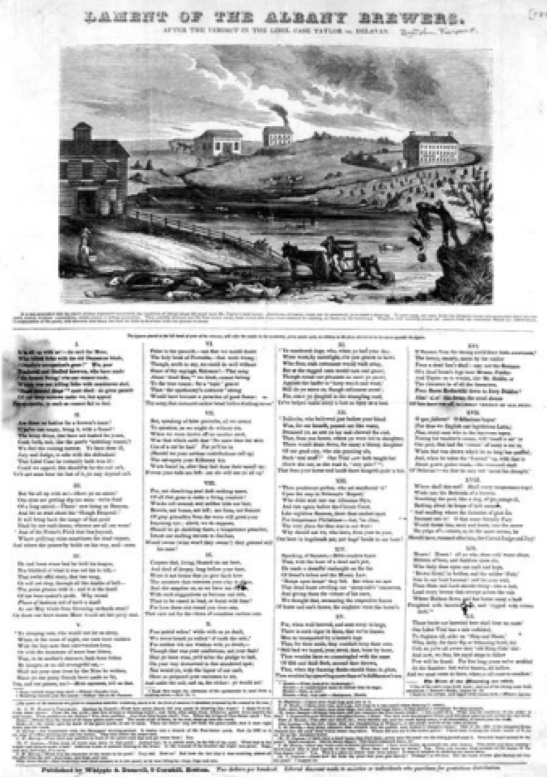 Broadside with an engraving of a malt house beside a pond with floating animal carcasses, a carter dipping water and a man drowning cats, above columns of verse